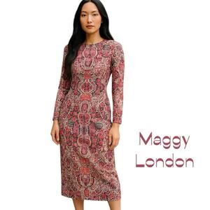 Maggy London Pink Orange Bold Print Royal CastleCore Midi Dress NWOT Size 4